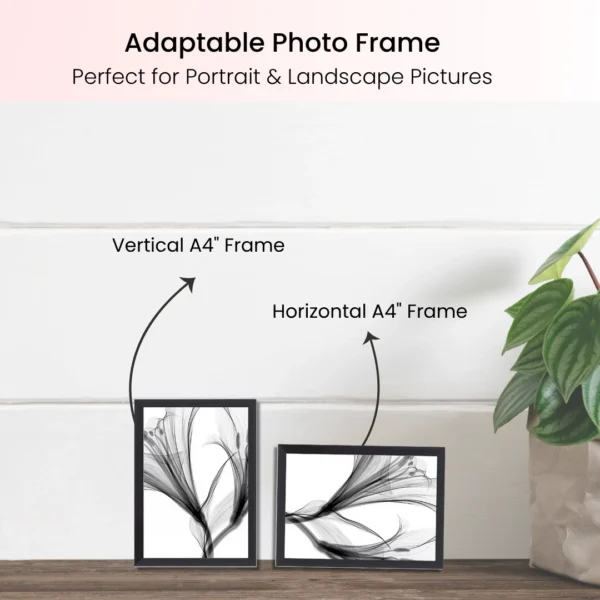 A4 Frame, Wooden A4 Picture Frames, Versatile Black A4 Frame, Dual Orientation (Landscape/Portrait), Includes Stand & Wall Hooks - Wall Mount or Tabletop for Home, Office, Gallery (6)