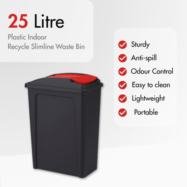 25L Slimline Bin & Lid – Graphite Red